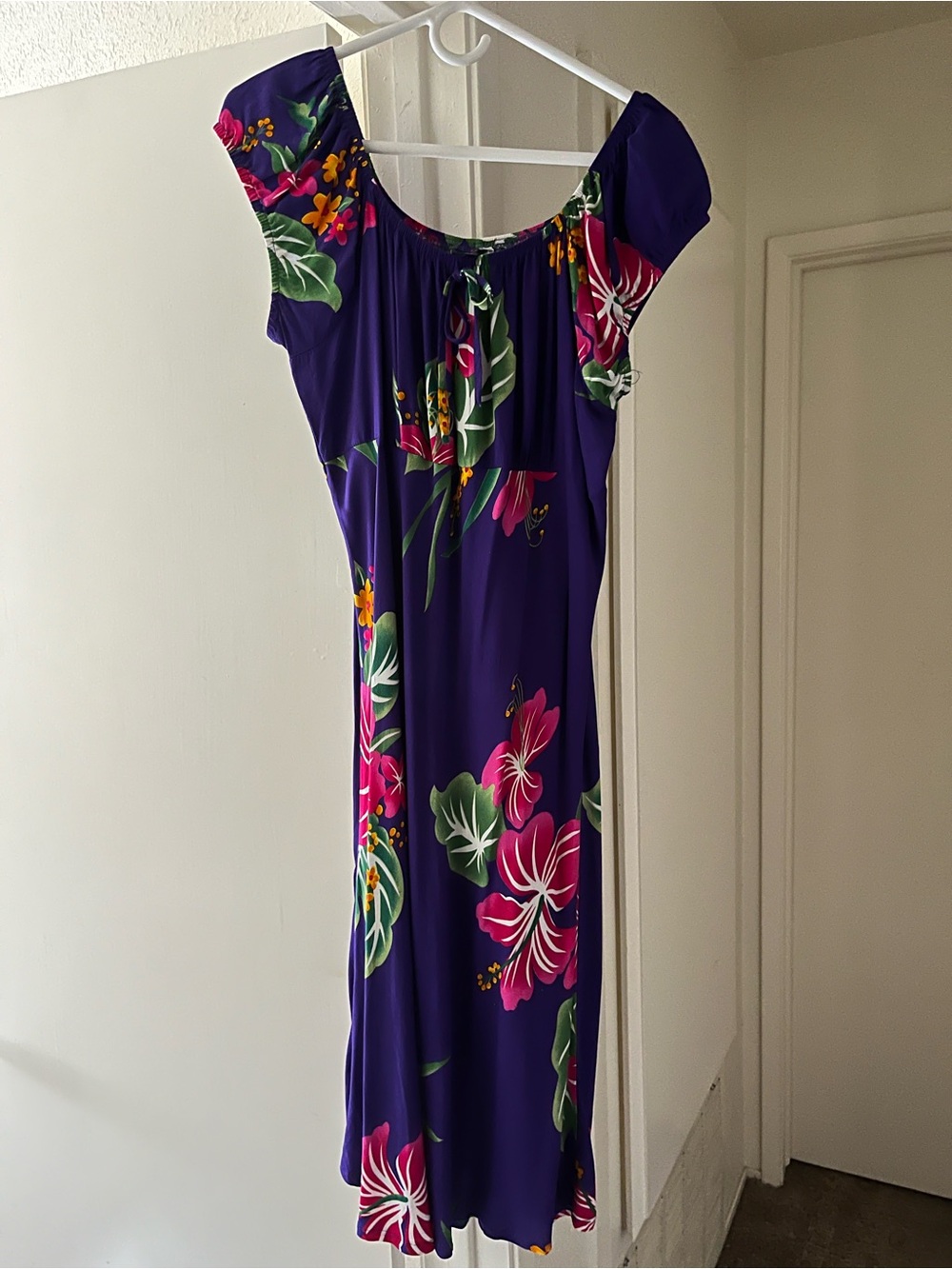 Purple Floral Maxi Dress with Pink & Green Hibiscus Print